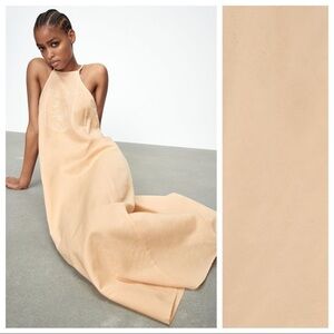 NWT. Zara Beige-Pink/Peach Linen Blend Embroidered Midi Dress. Size M.
